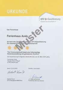 Zertifikat mit 4 Sterne nach DTV für das Ferienhaus Aenne in Kellenhusen ab 2023