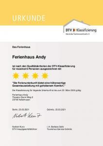Zertifikat mit 4 Sterne nach DTV für das Ferienhaus Andy in Kellenhusen